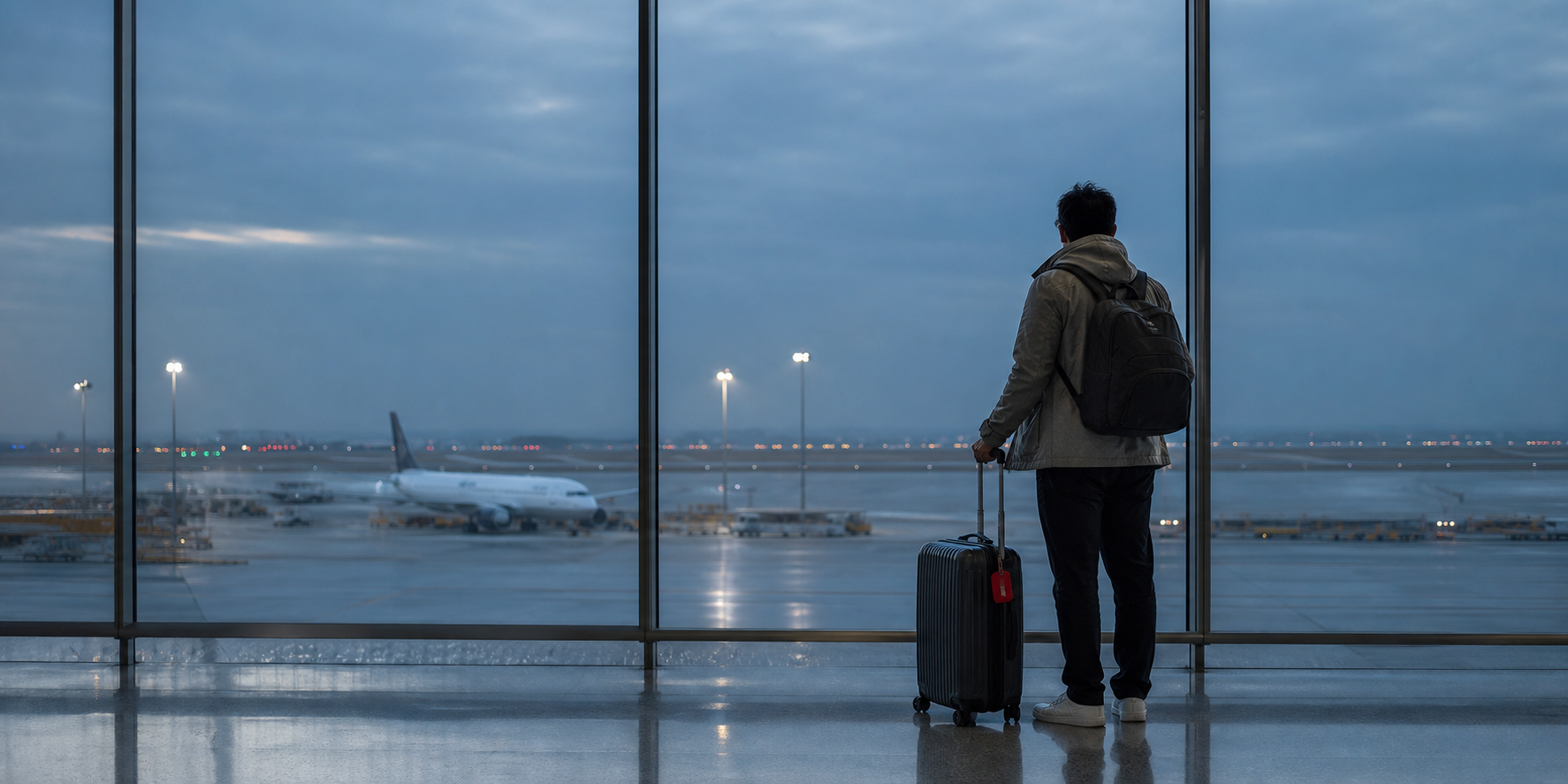 A traveler with a carry-on looking across a quiet airport apron before continuing into Shanghai