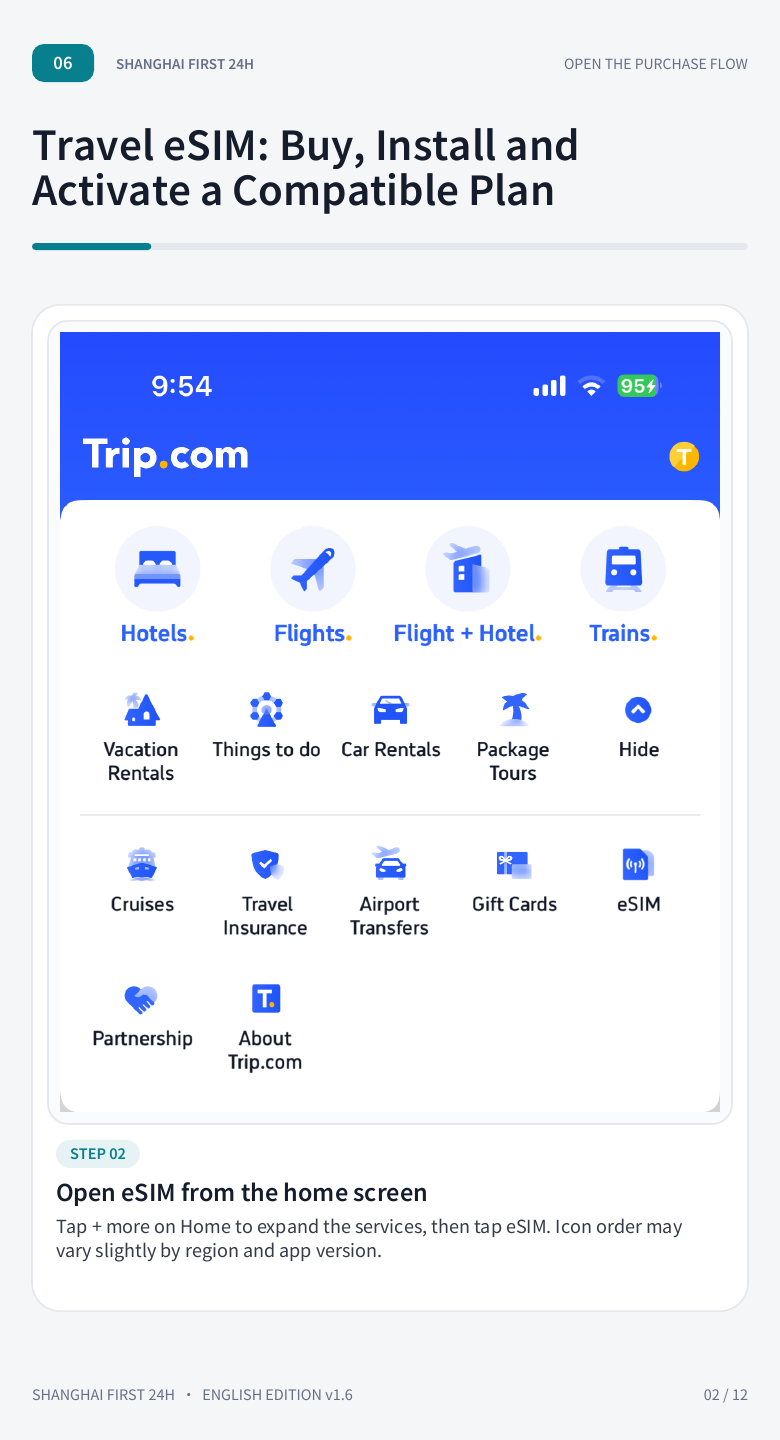 Trip.com app home screen showing the travel eSIM entry before departure