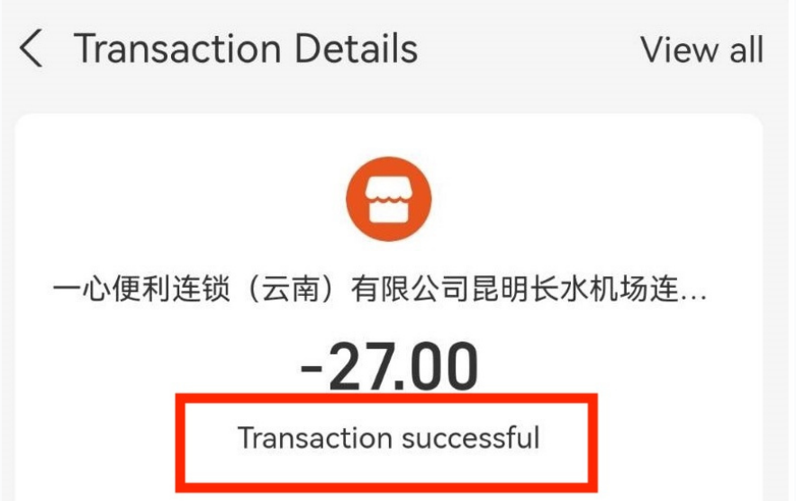 Cropped Alipay receipt screen showing Transaction successful without payment time or card details