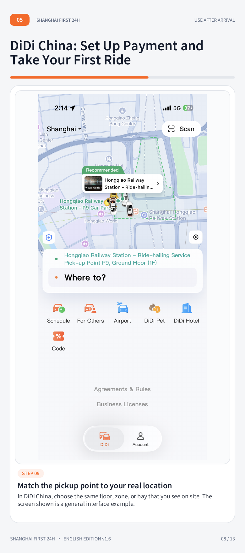 Live DiDi pickup screen showing cars, map position, floor and pickup-zone controls