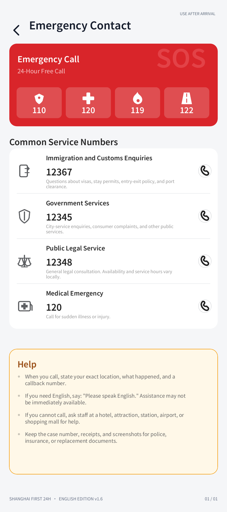 Shanghai emergency and public-service contact page from the guide